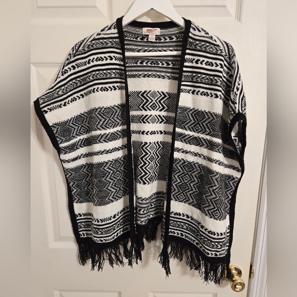 Arizona Jeans Black And White Western Poncho With Fringe Size Large